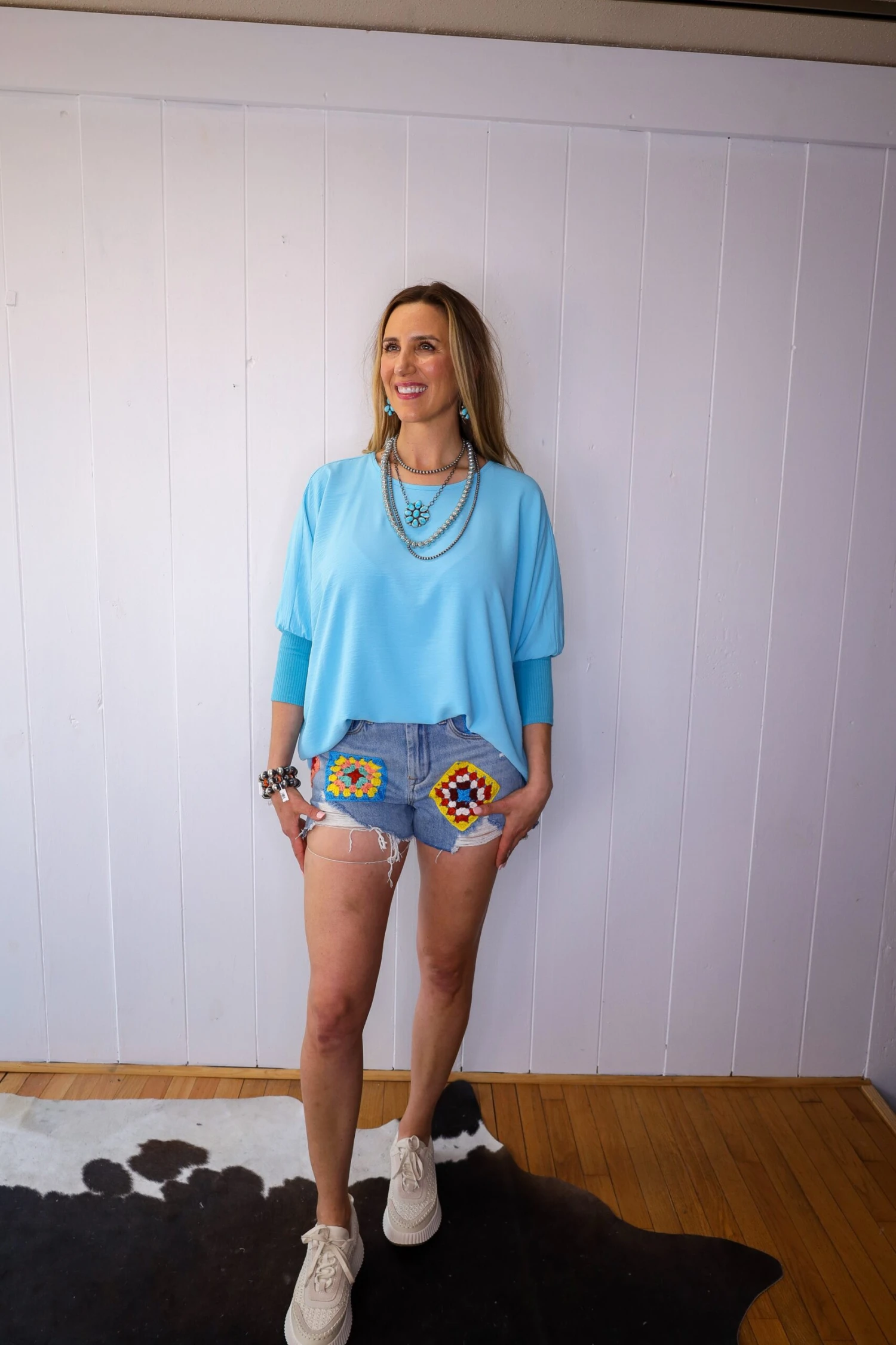 IVY JANE DOLMAN SLEEVE V-NECK RIB TOP- AQUA - Image 2