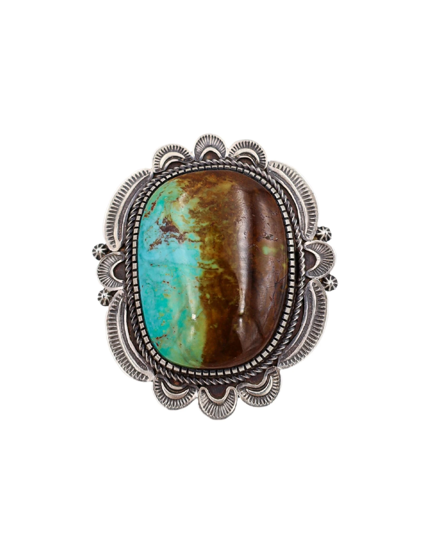 EXTRA LARGE TURQUOISE AND BROWN SCALLOP FRAME RING- SIZE 7.5 - Image 2