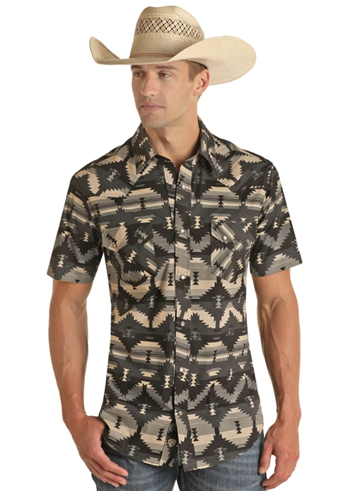 ROCK AND ROLL DENIM SHORT SLEEVE PAISLEY VINTAGE SNAP SHIRT