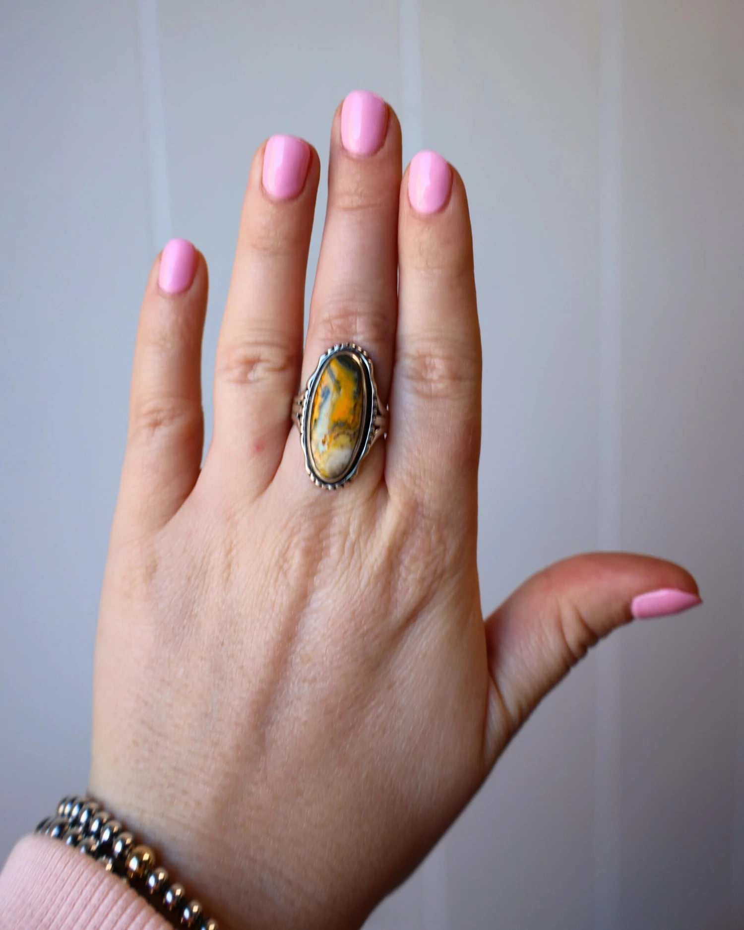 BUMBLEBEE JASPER THIN OVAL RING- SIZE 6.5