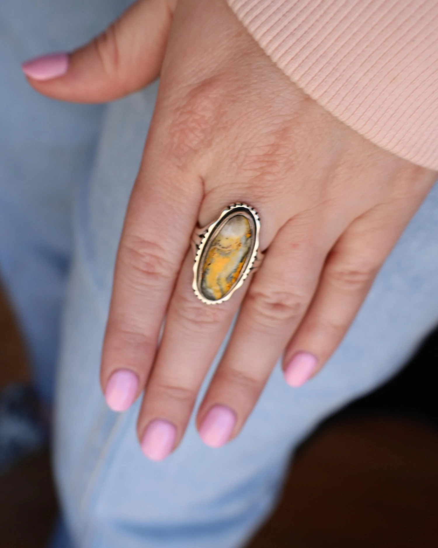 BUMBLEBEE JASPER THIN OVAL RING- SIZE 6.5 - Image 5