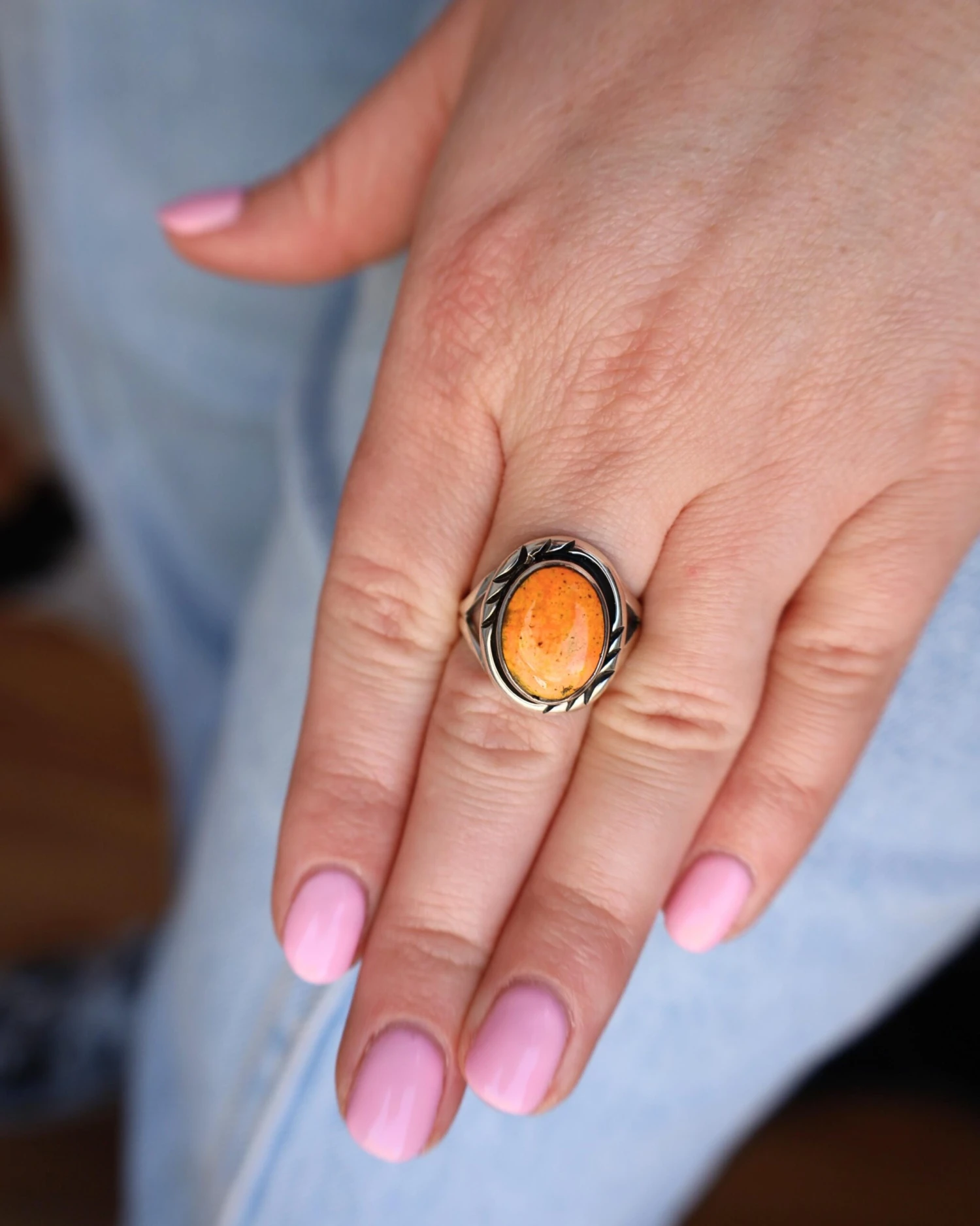 ORANGE BUMBLEBEE JASPER OVAL RING- SIZE 8 - Image 2