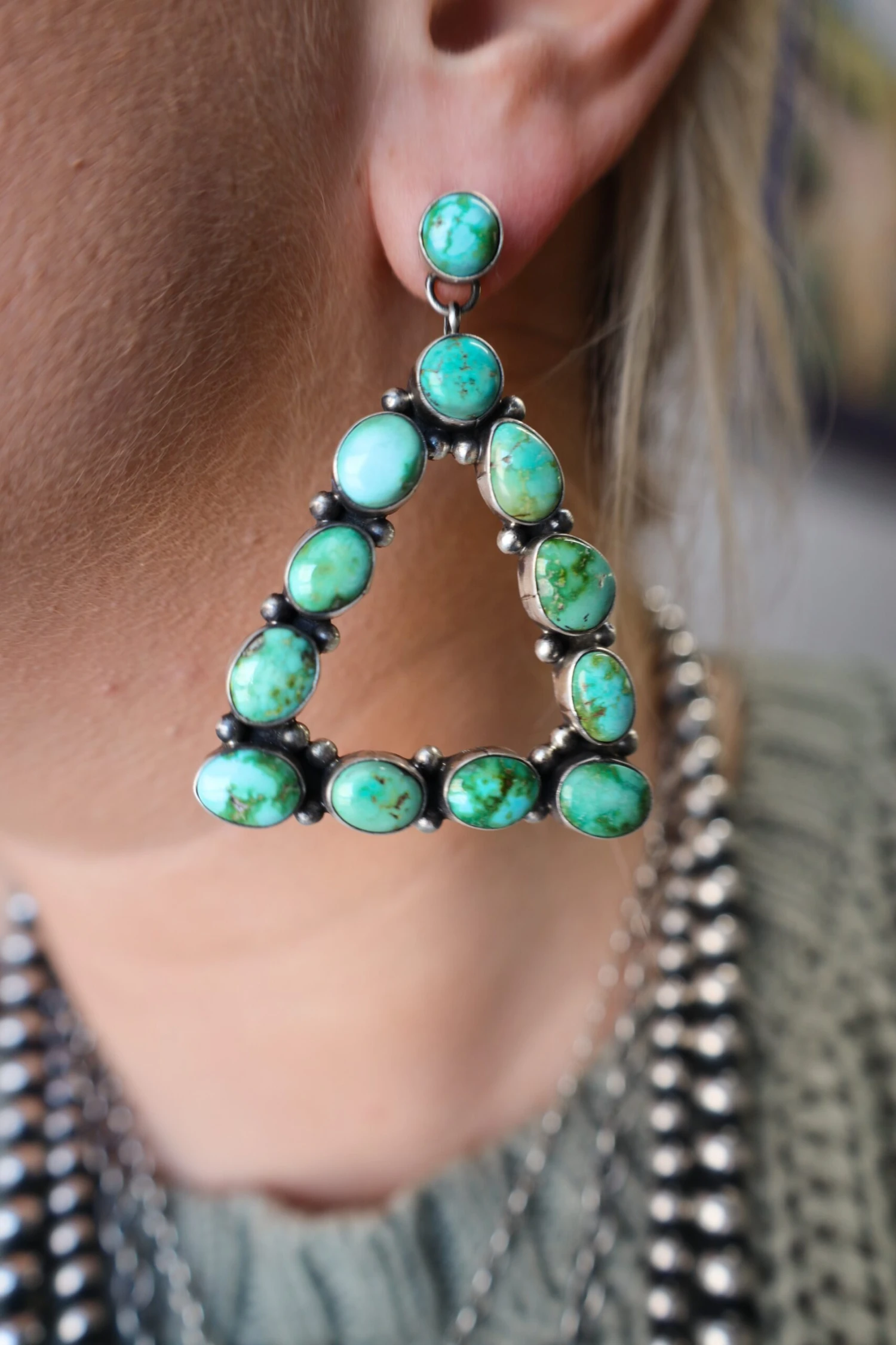 Blue And Green Turquoise Triangle Earring - Image 2