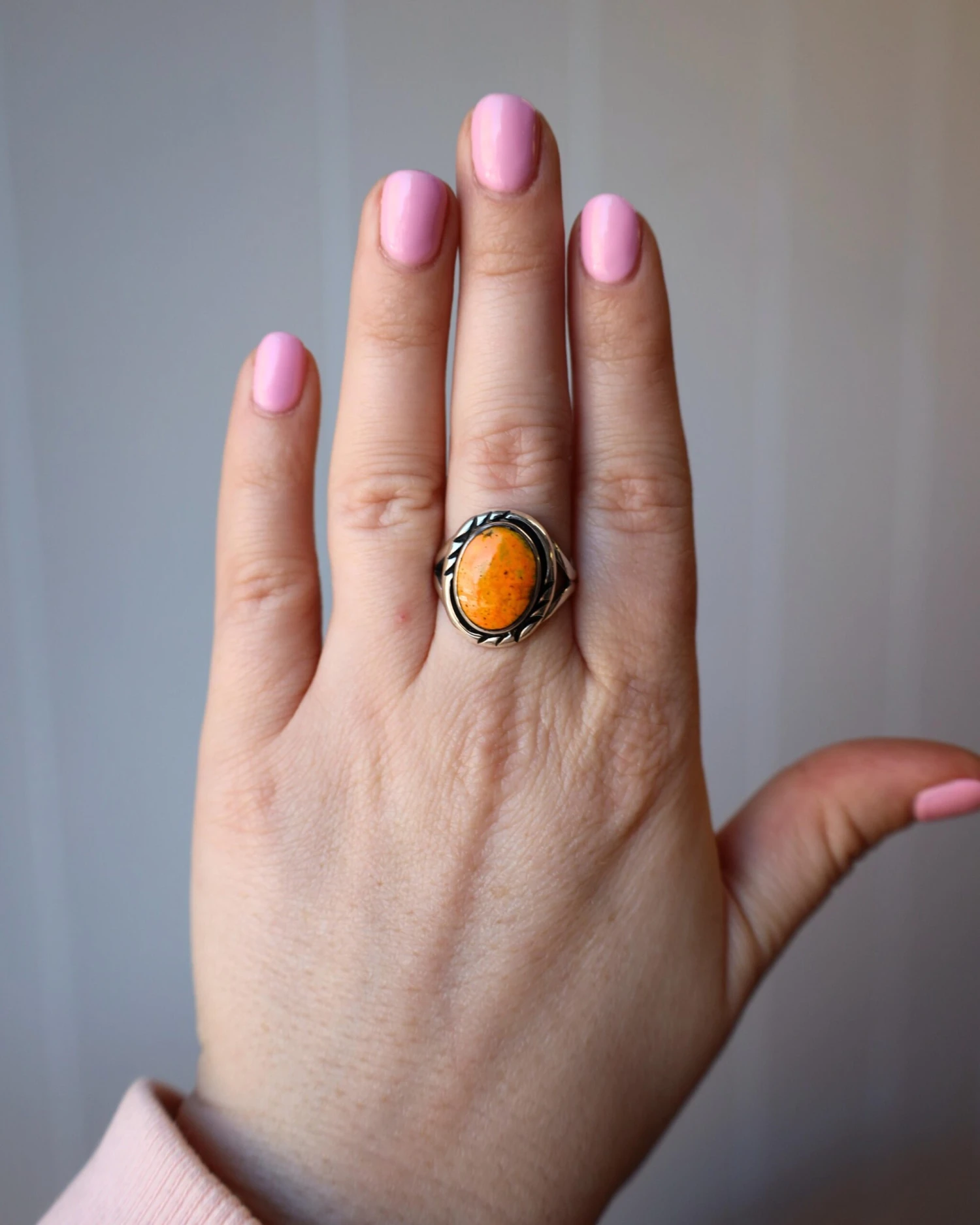 ORANGE BUMBLEBEE JASPER OVAL RING- SIZE 8