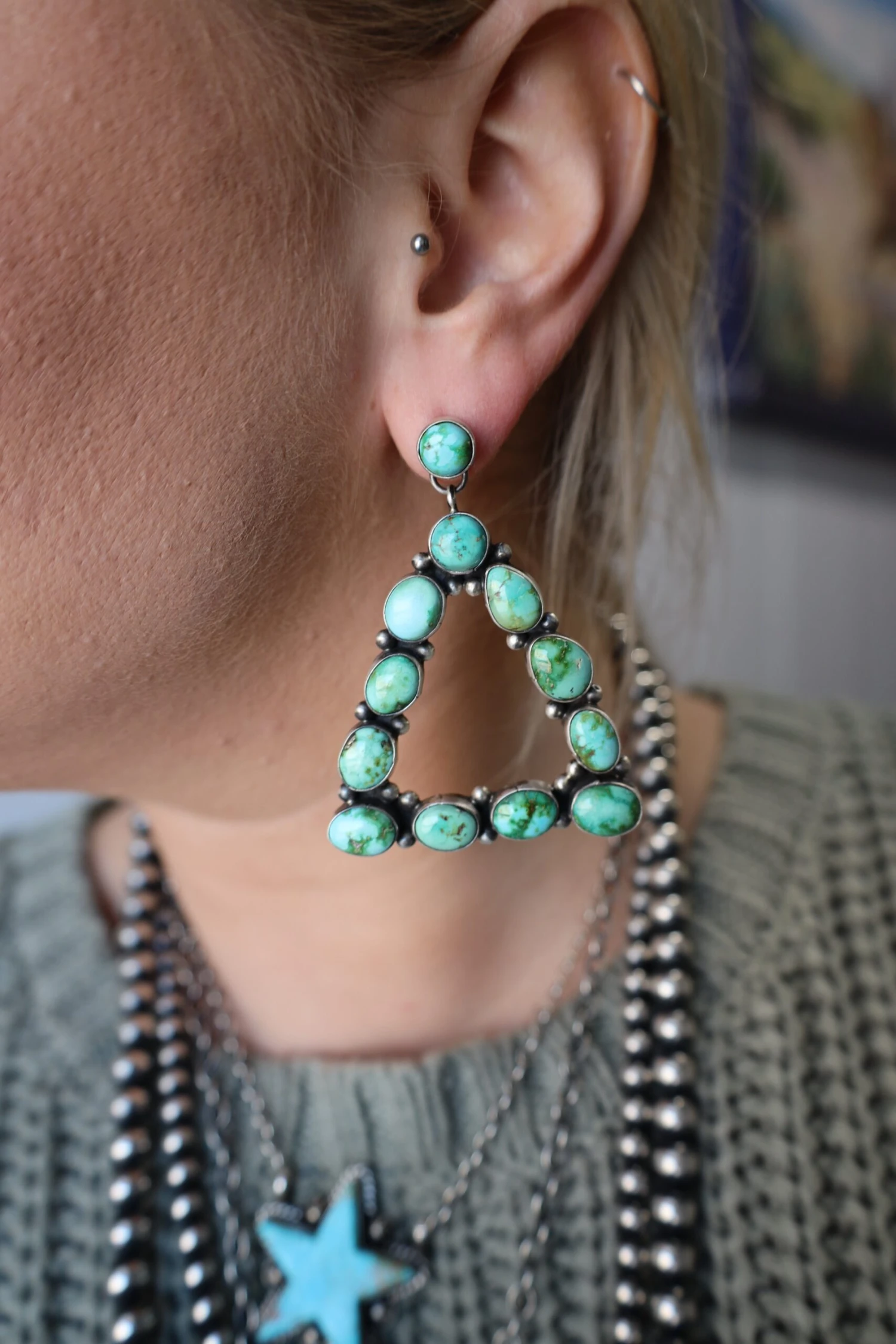 Blue And Green Turquoise Triangle Earring - Image 3