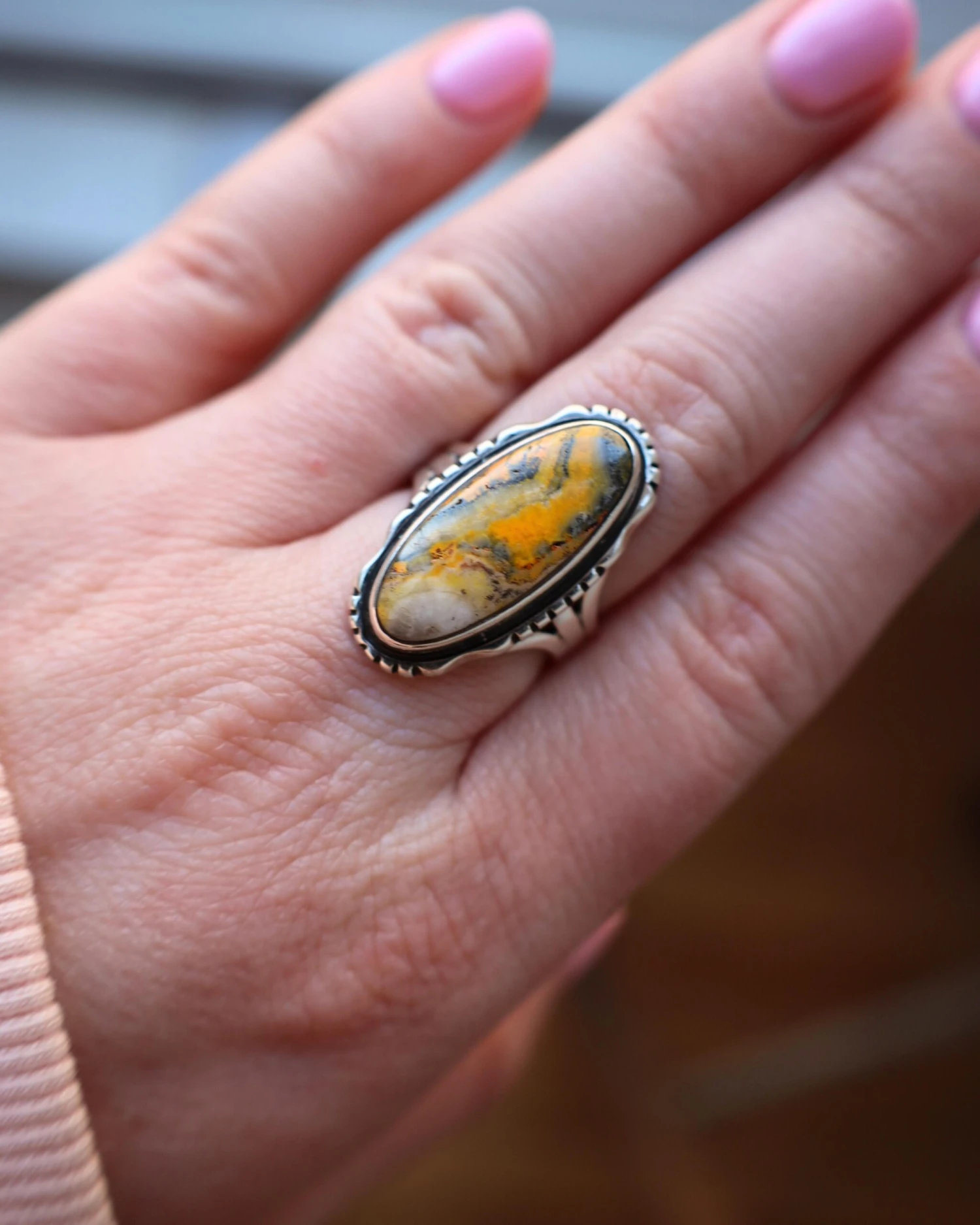 BUMBLEBEE JASPER THIN OVAL RING- SIZE 6.5 - Image 4