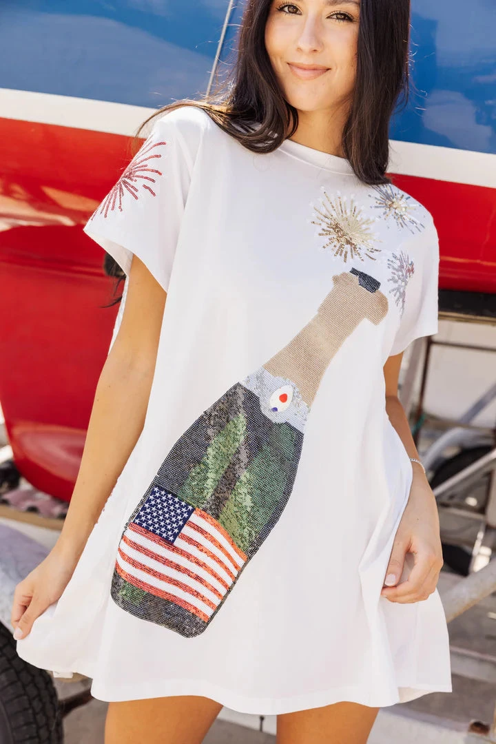 QUEEN OF SPARKLES USA POPPING CHAMPAGNE TEE DRESS - Image 4